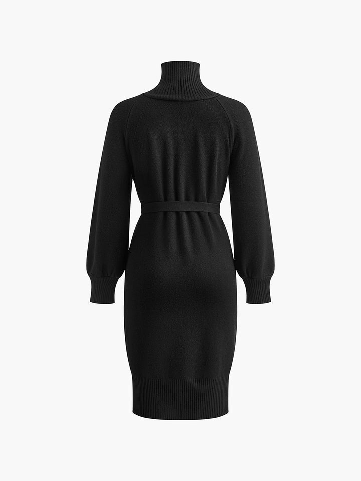 Women's Winter Knit Dress with Turtle Neck & Belted Waist | Midi