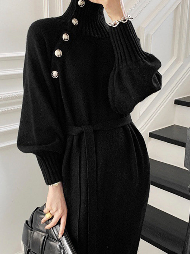 Women's Winter Knit Dress with Turtle Neck & Belted Waist | Midi