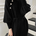 Women's Winter Knit Dress with Turtle Neck & Belted Waist | Midi