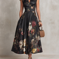 Elegant Black Floral Dress for Formal Wedding Guest Style with A Line Midi Skirt