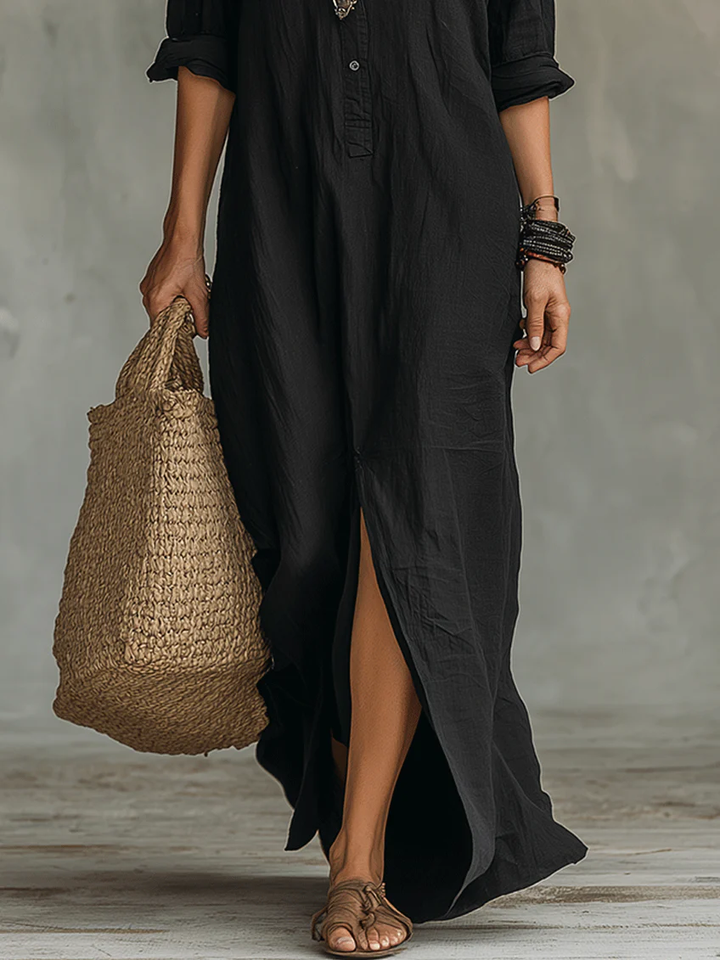Relaxed V-Neck Button Maxi Dress