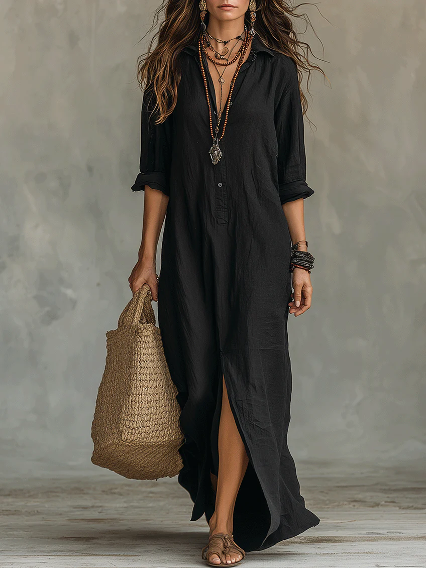 Relaxed V-Neck Button Maxi Dress