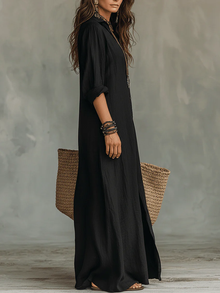 Relaxed V-Neck Button Maxi Dress