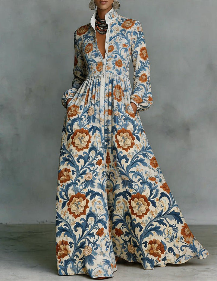 Floral Vine Print Maxi Dress – Long Sleeve Button Down Bohemian Flowy Long Dress