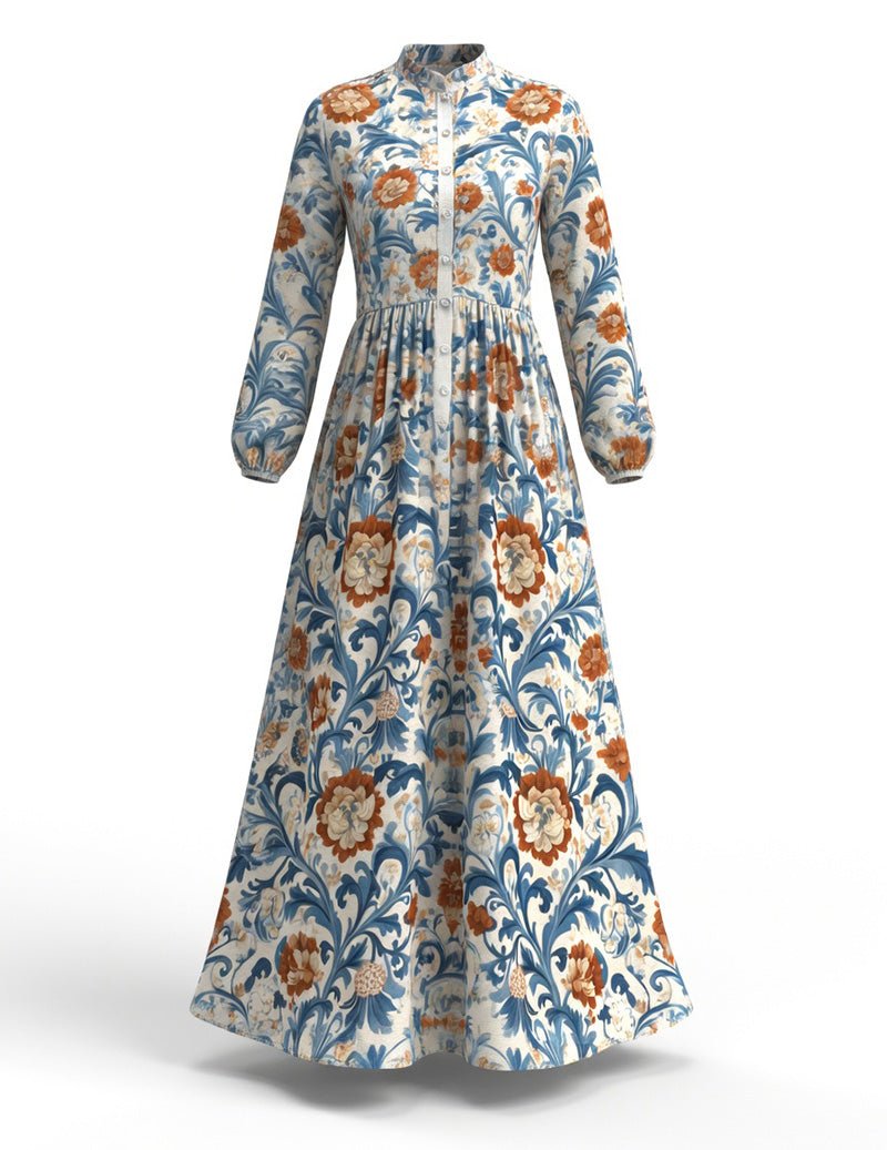 Floral Vine Print Maxi Dress – Long Sleeve Button Down Bohemian Flowy Long Dress