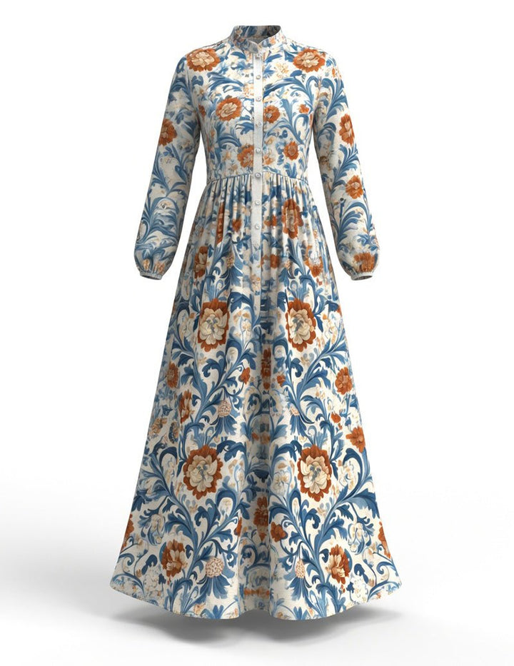 Floral Vine Print Maxi Dress – Long Sleeve Button Down Bohemian Flowy Long Dress