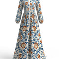 Floral Vine Print Maxi Dress – Long Sleeve Button Down Bohemian Flowy Long Dress