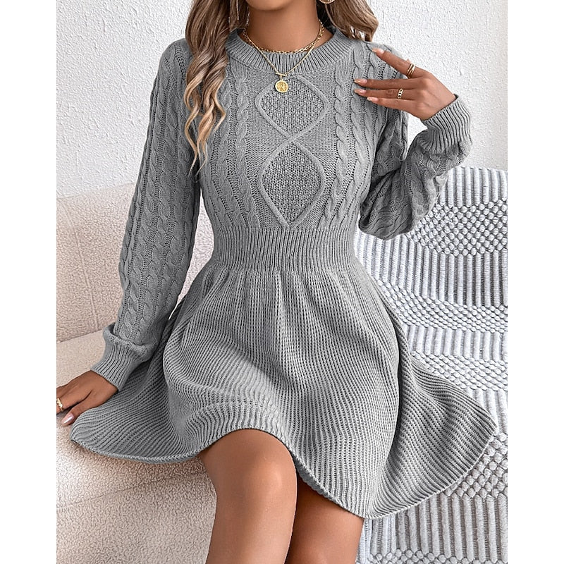 Women's Sweater Dress | Midi Cable-Knit Crew Neck Long Sleeve