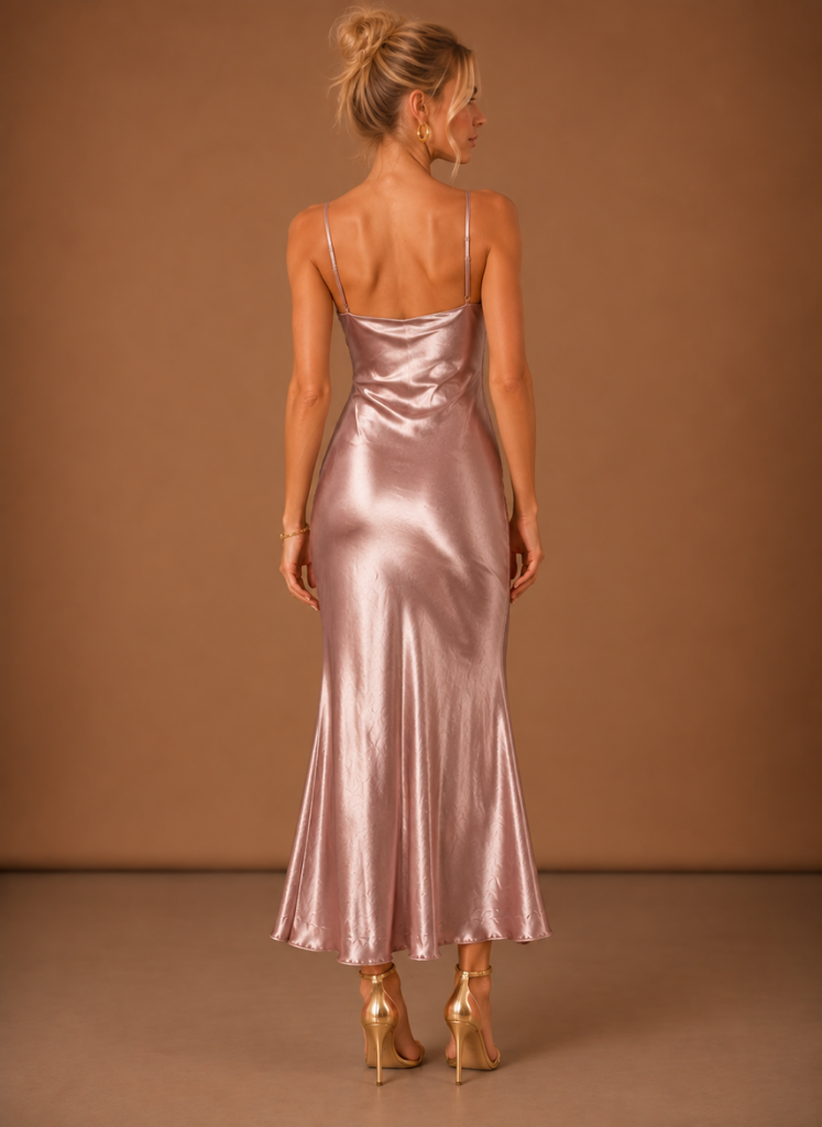 Women’s Satin Cowl Neck Midi Dress – Elegant Evening Occasion | Areleon