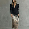 Tiered Fringe V Neck Midi Dress - Formal Evening Gown