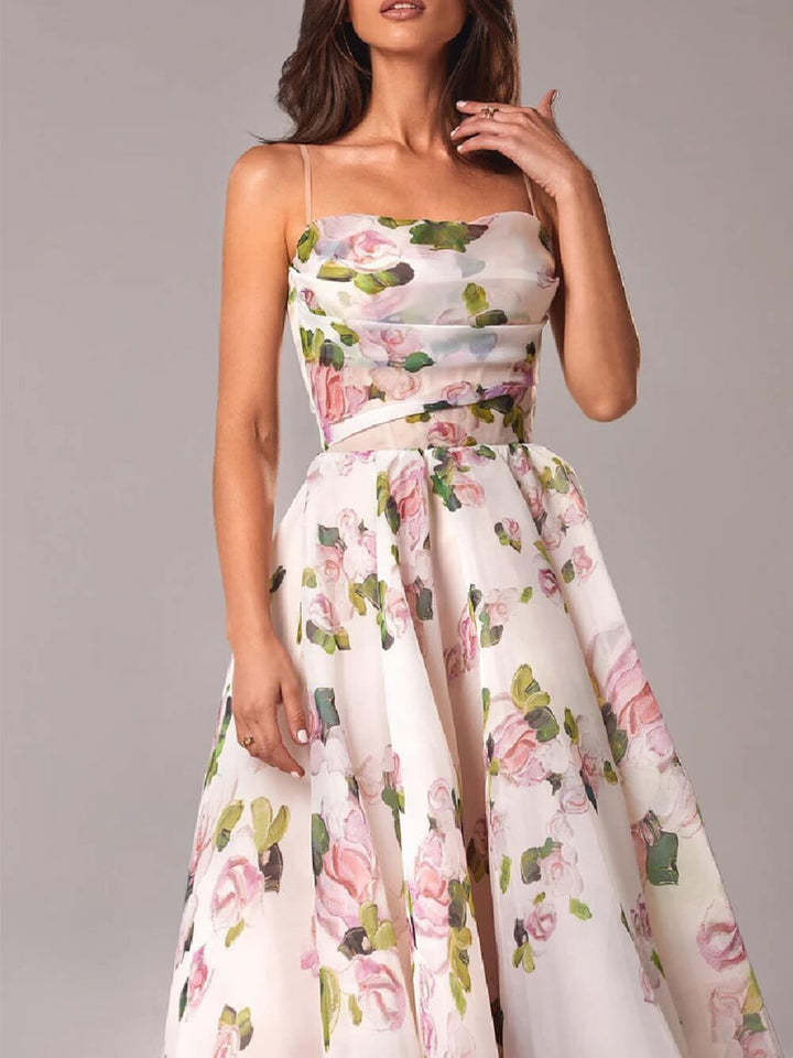 Women's Floral Spaghetti Strap A-Line Midi Dress