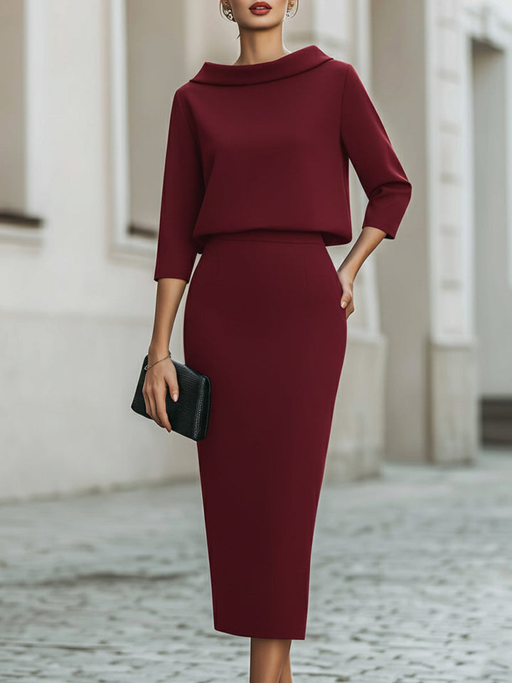 Women's Elegant Cropped Top And Midi Skirt Two-Piece Set with Boat Neckline