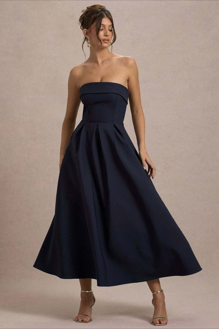 Women's Strapless Pleated Midi Party Dress