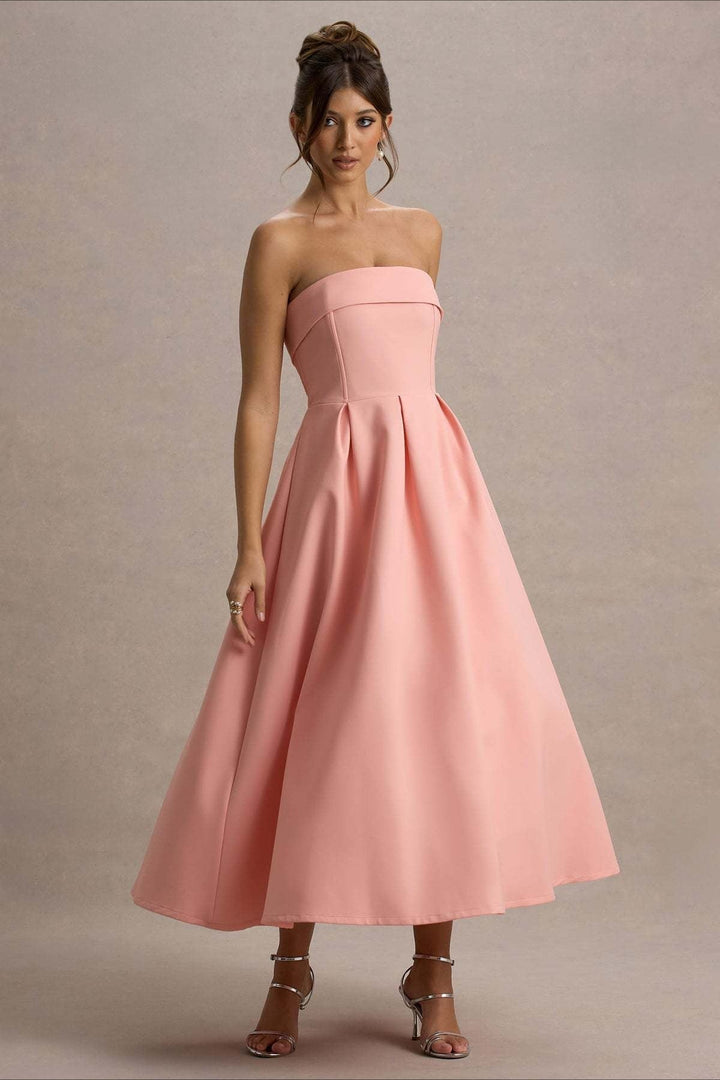 Women's Strapless Pleated Midi Party Dress