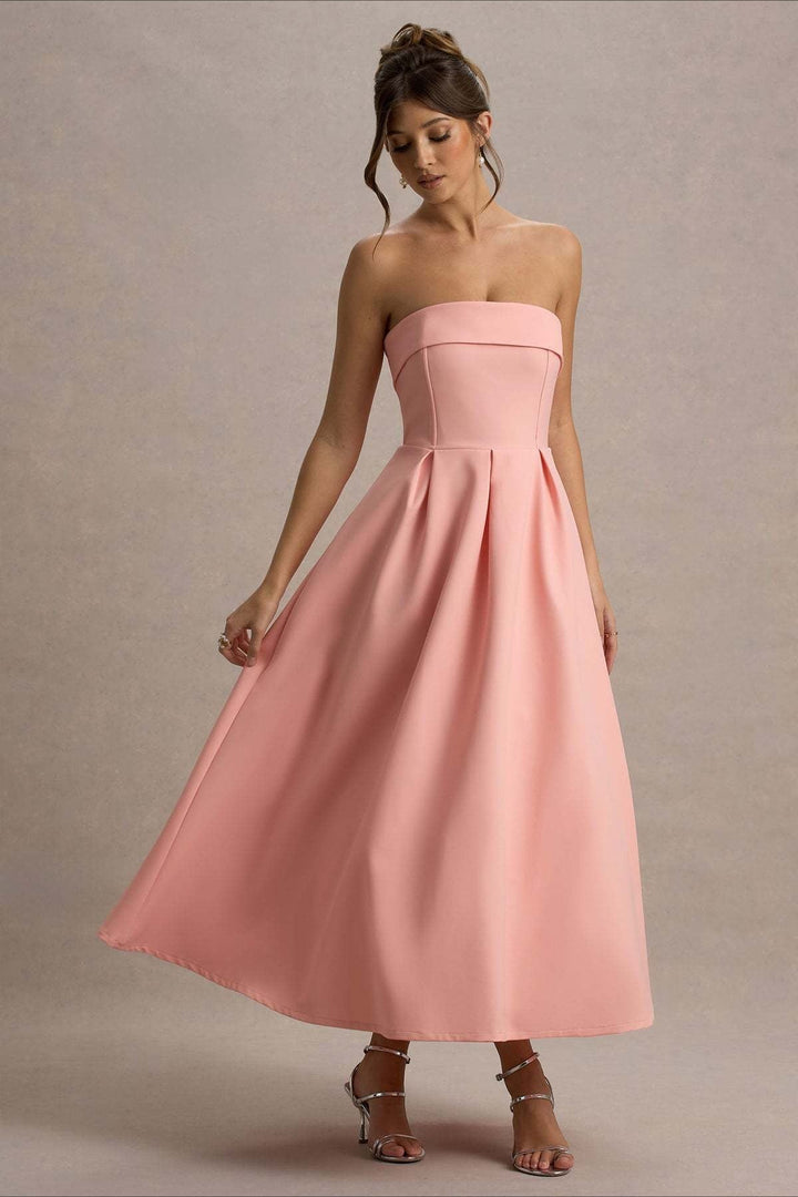 Women's Strapless Pleated Midi Party Dress