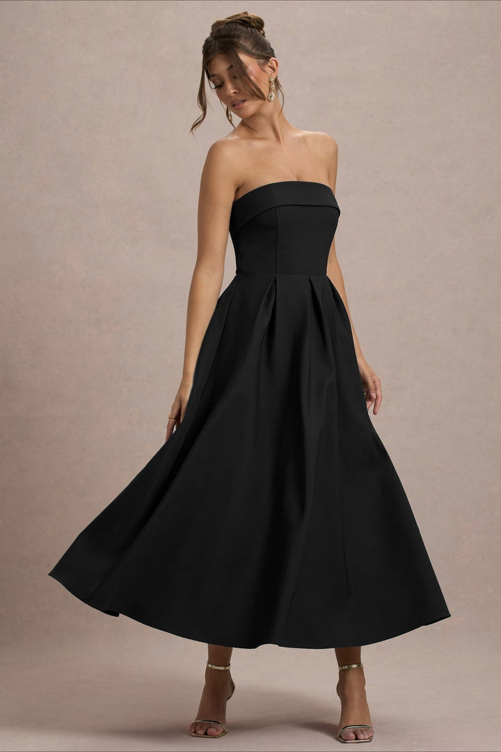 Women's Strapless Pleated Midi Party Dress