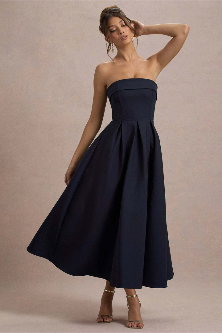 Women's Strapless Pleated Midi Party Dress
