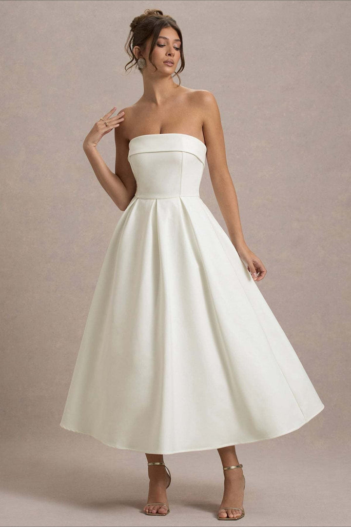 Women's Strapless Pleated Midi Party Dress