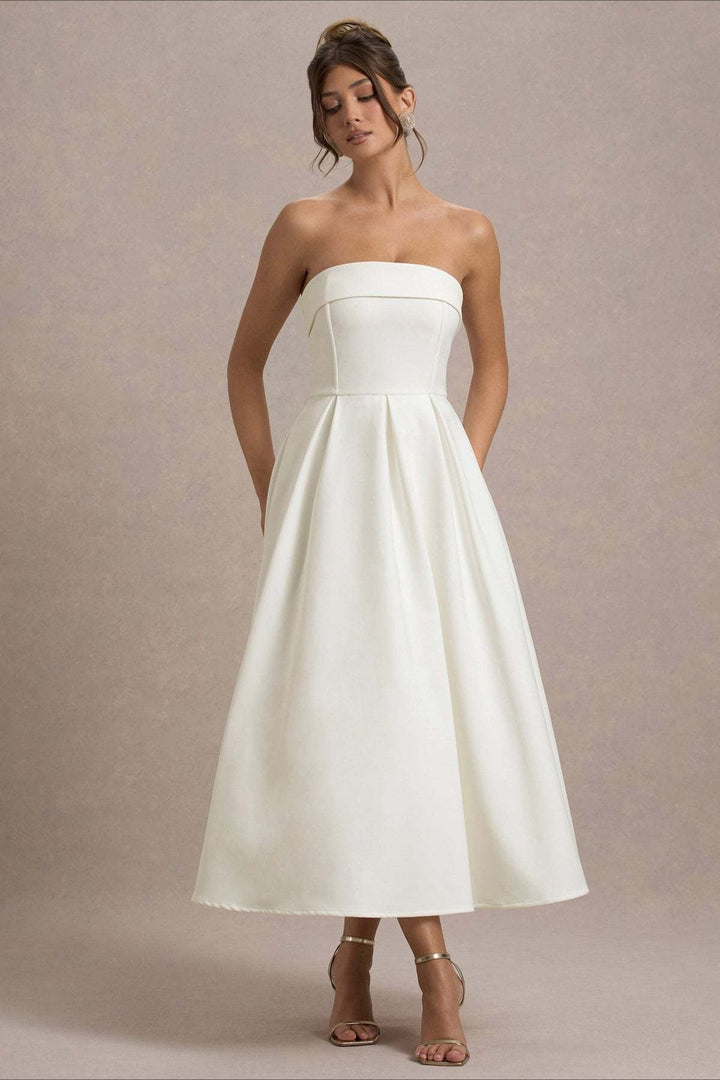 Women's Strapless Pleated Midi Party Dress