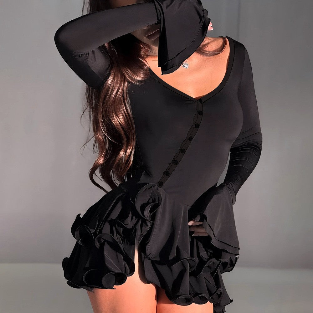 Women's Long Sleeve Ruffle Mini Party Dress