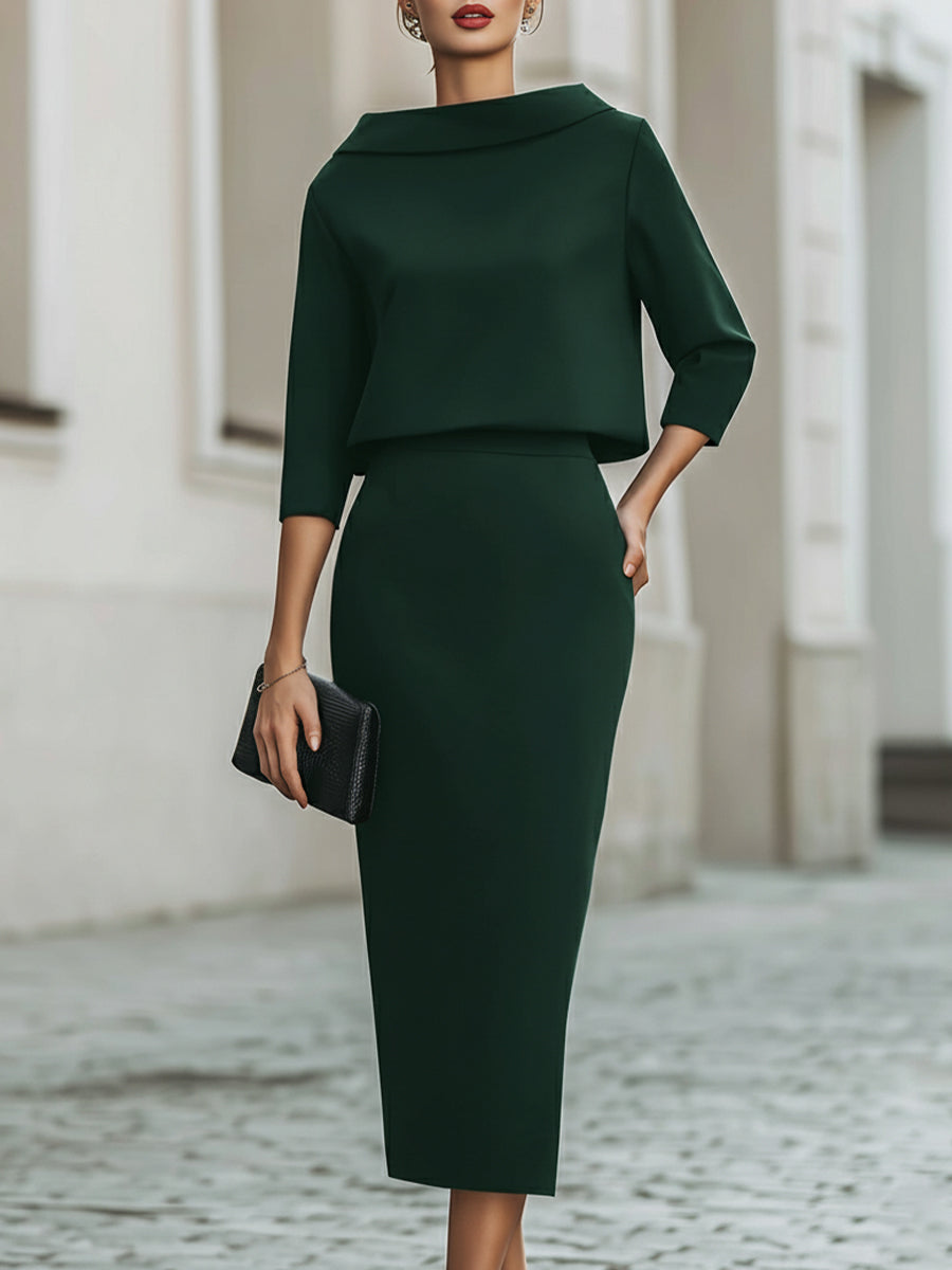 Women's Elegant Cropped Top And Midi Skirt Two-Piece Set with Boat Neckline