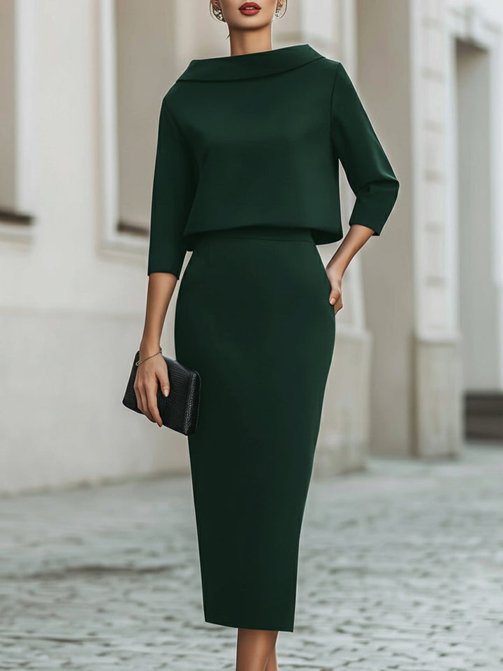 Women's Elegant Cropped Top And Midi Skirt Two-Piece Set with Boat Neckline