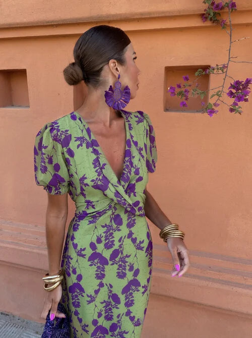 Vibrant Midi Dress with Puff Sleeves