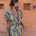 Vibrant Midi Dress with Puff Sleeves