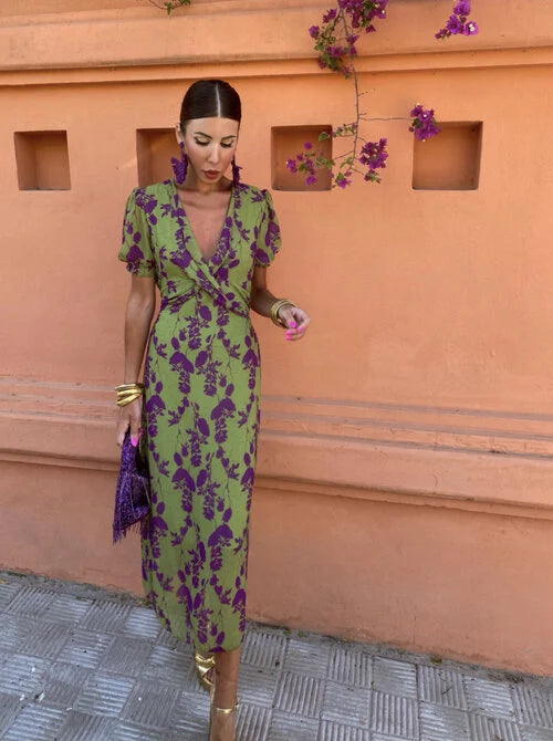 Vibrant Midi Dress with Puff Sleeves