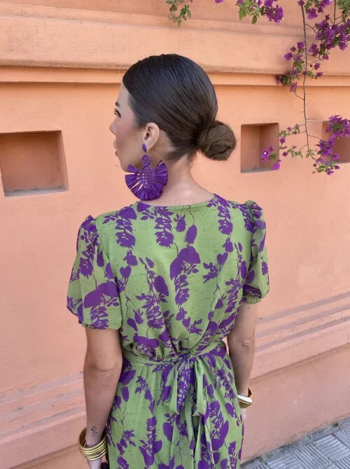 Vibrant Midi Dress with Puff Sleeves