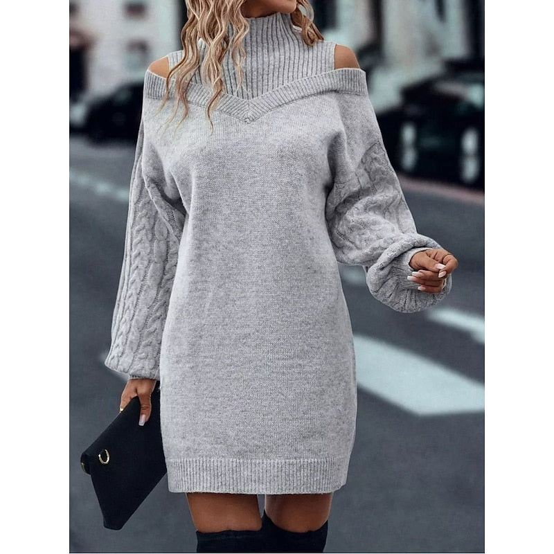 Women's Sweater Dress | Cold-Shoulder Turtleneck Knit