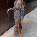 Women's Wedding Guest Dress | Midi V-Neck Long Sleeve Printed
