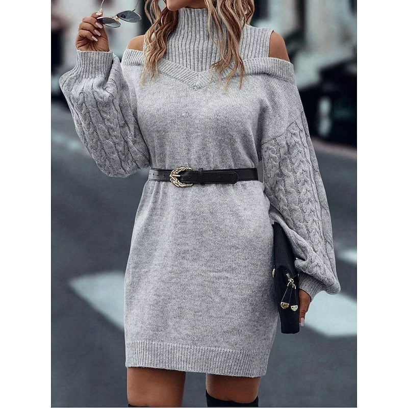Women's Sweater Dress | Cold-Shoulder Turtleneck Knit