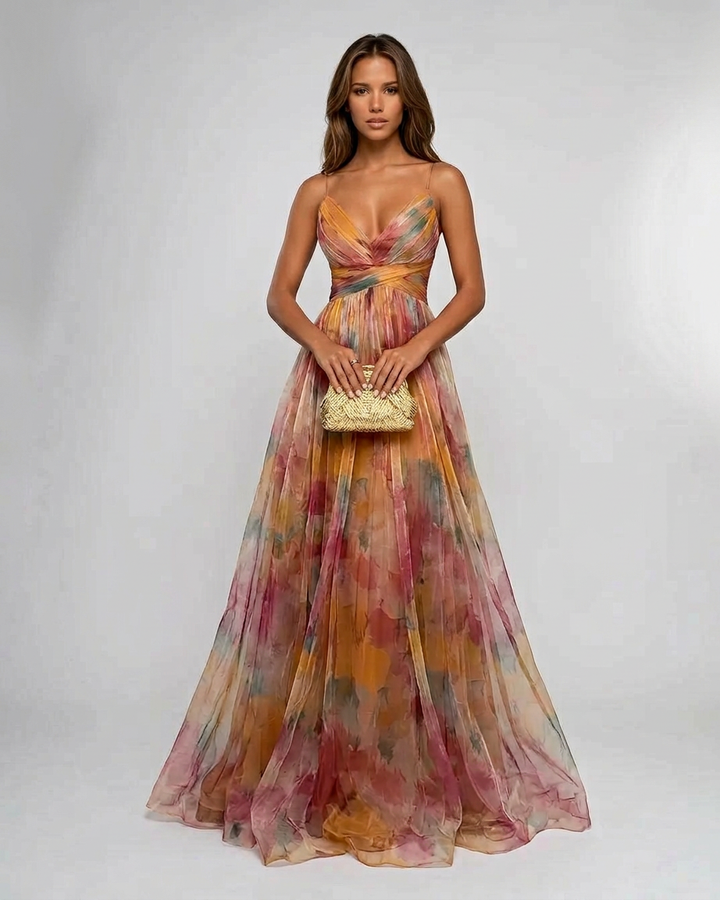 Pleated Floral Maxi Summer Dress