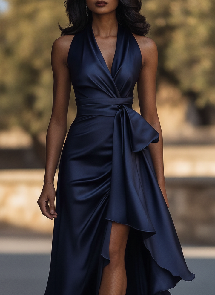 Satin Halter Midnight Wedding Guest Ruffle Gown