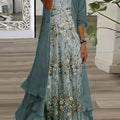 Effortlessly Romantic Layered Cardigan Dusty Teal Floral Print Luxurious Textured Maxi Dress