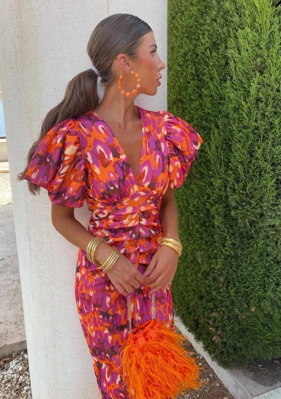 Vibrant Midi Dress with Puff Sleeves