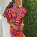 Vibrant Midi Dress with Puff Sleeves