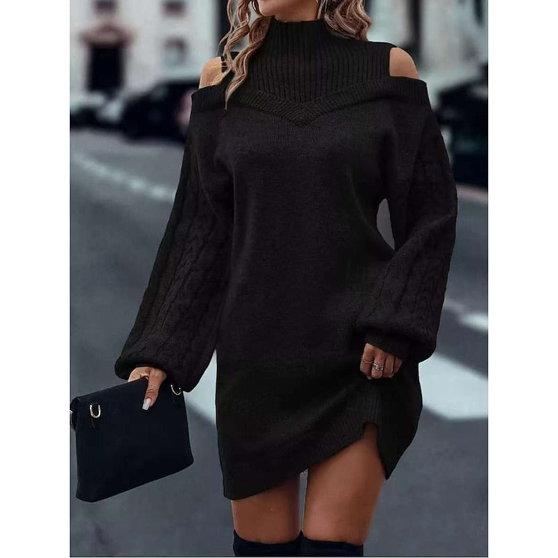 Women's Sweater Dress | Cold-Shoulder Turtleneck Knit
