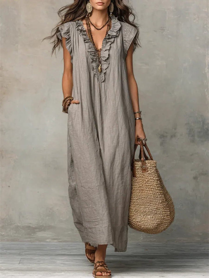Linen Maxi Dress with V-Neck and Flutter Sleeves for Women
