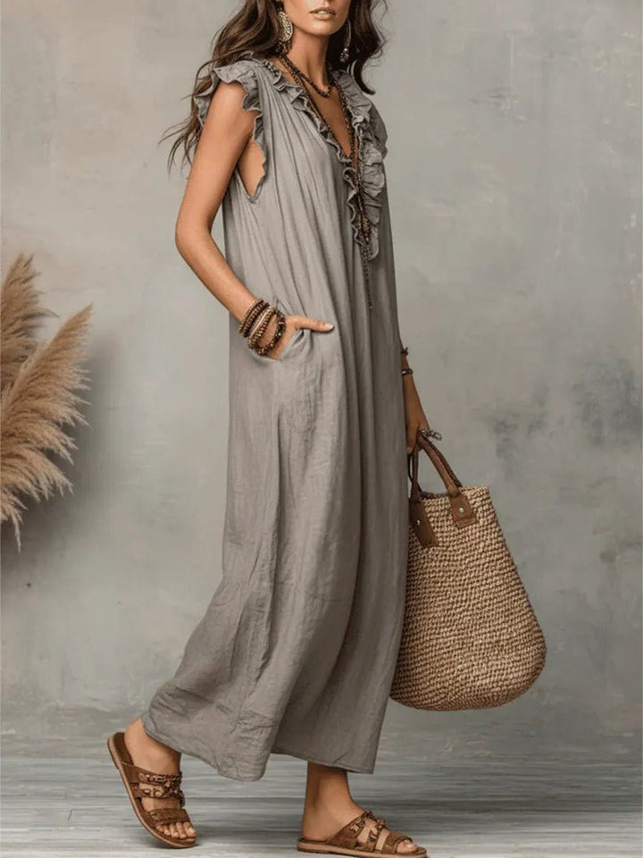 Linen Maxi Dress with V-Neck and Flutter Sleeves for Women
