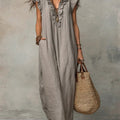 Linen Maxi Dress with V-Neck and Flutter Sleeves for Women