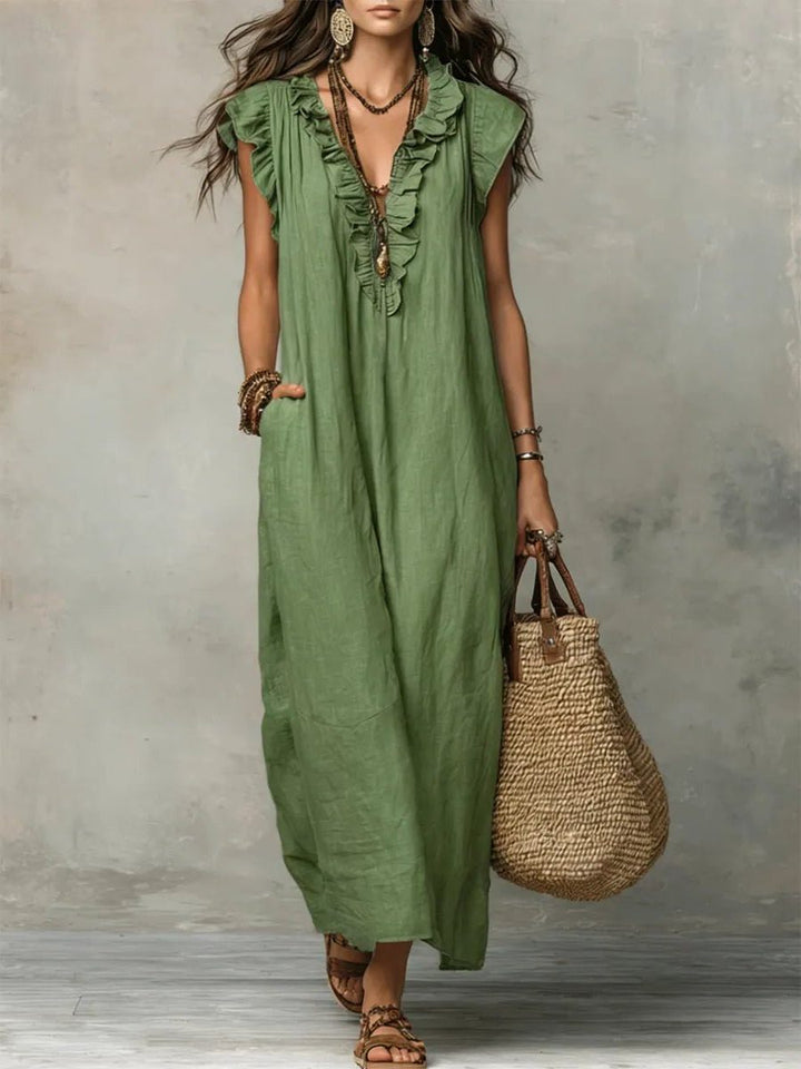 Linen Maxi Dress with V-Neck and Flutter Sleeves for Women