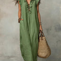 Linen Maxi Dress with V-Neck and Flutter Sleeves for Women