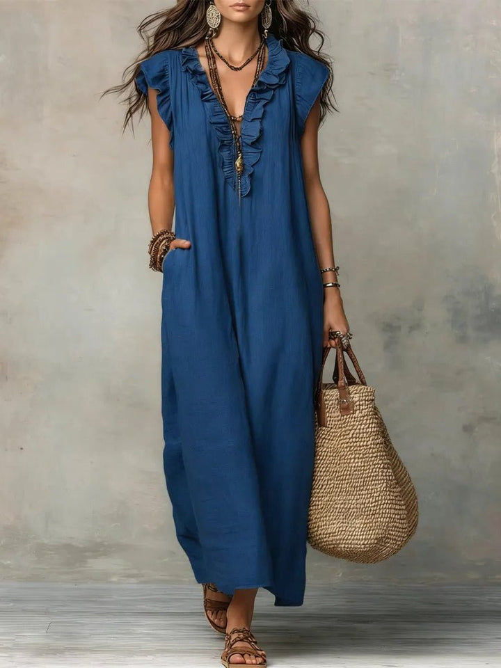 Linen Maxi Dress with V-Neck and Flutter Sleeves for Women