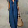 Linen Maxi Dress with V-Neck and Flutter Sleeves for Women