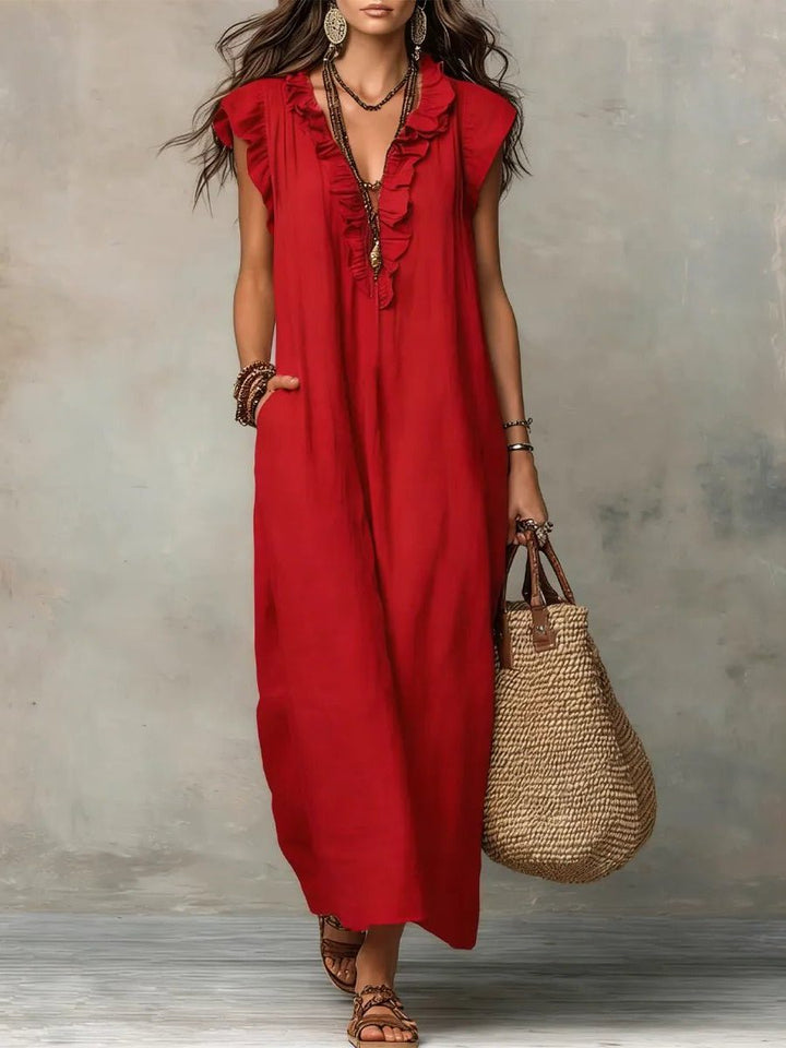 Linen Maxi Dress with V-Neck and Flutter Sleeves for Women