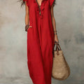 Linen Maxi Dress with V-Neck and Flutter Sleeves for Women
