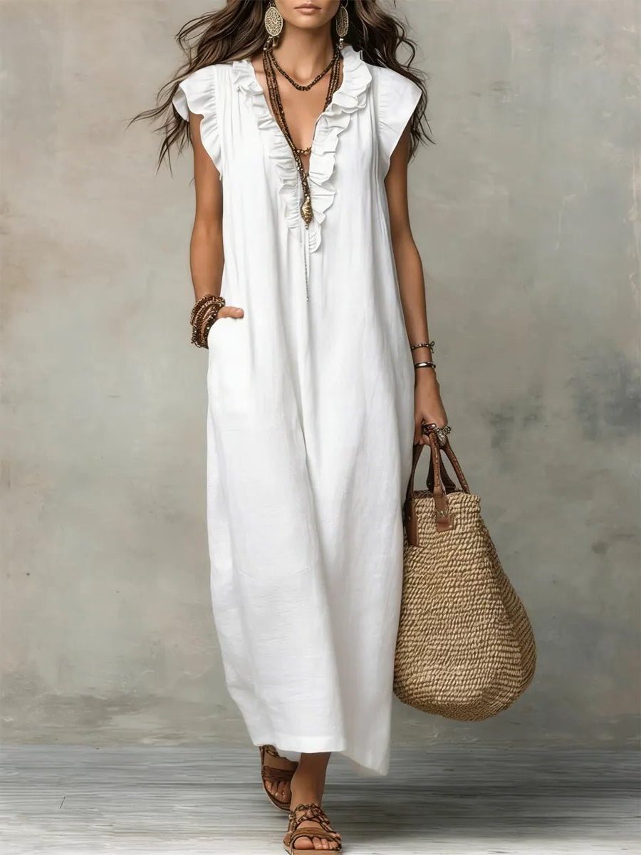 Linen Maxi Dress with V-Neck and Flutter Sleeves for Women