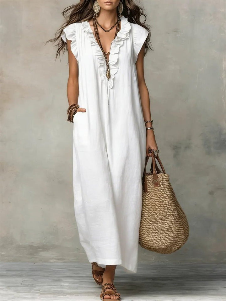 Linen Maxi Dress with V-Neck and Flutter Sleeves for Women